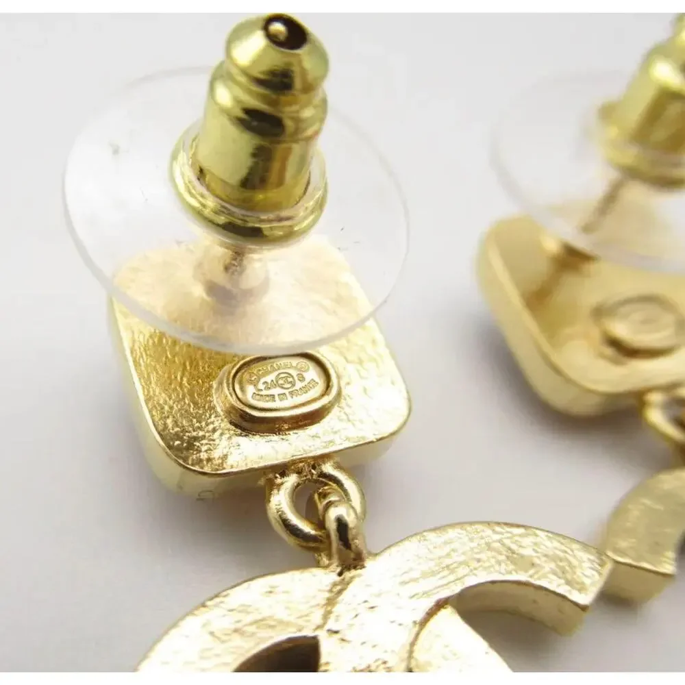 Chanel CC Drop Earrings Gold Tone Crystal Amber Stone Pierced - Picture 8 of 14